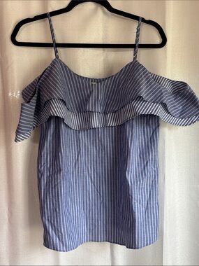 a new day Blue and White Striped Ruffle Cold-Shoulder Tank